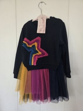 BABY SARA Girls 2pc  Navy Dress with Multicolor Star Fringe and Tulle Skirt